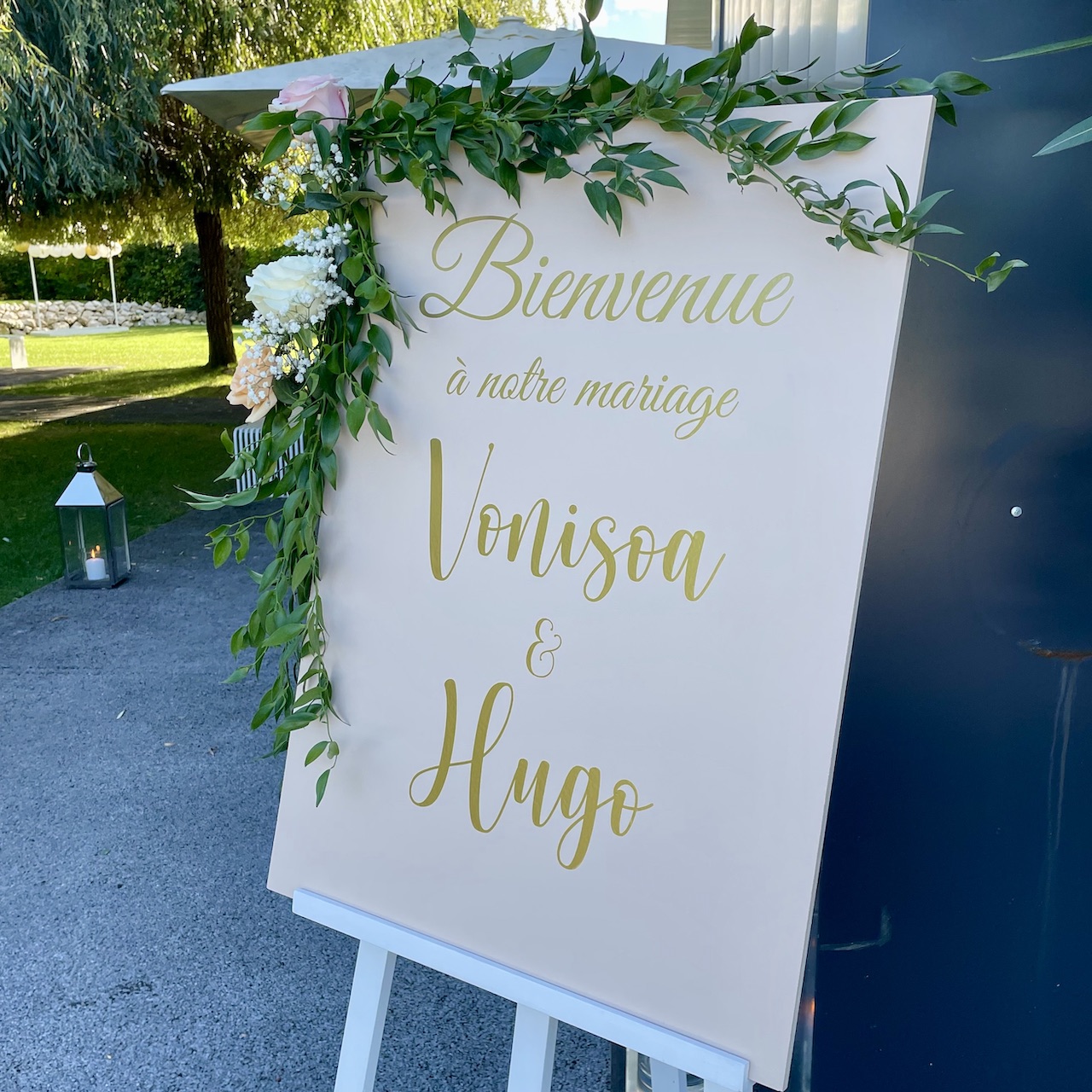 panneau bienvenue mariage rose poudré et or