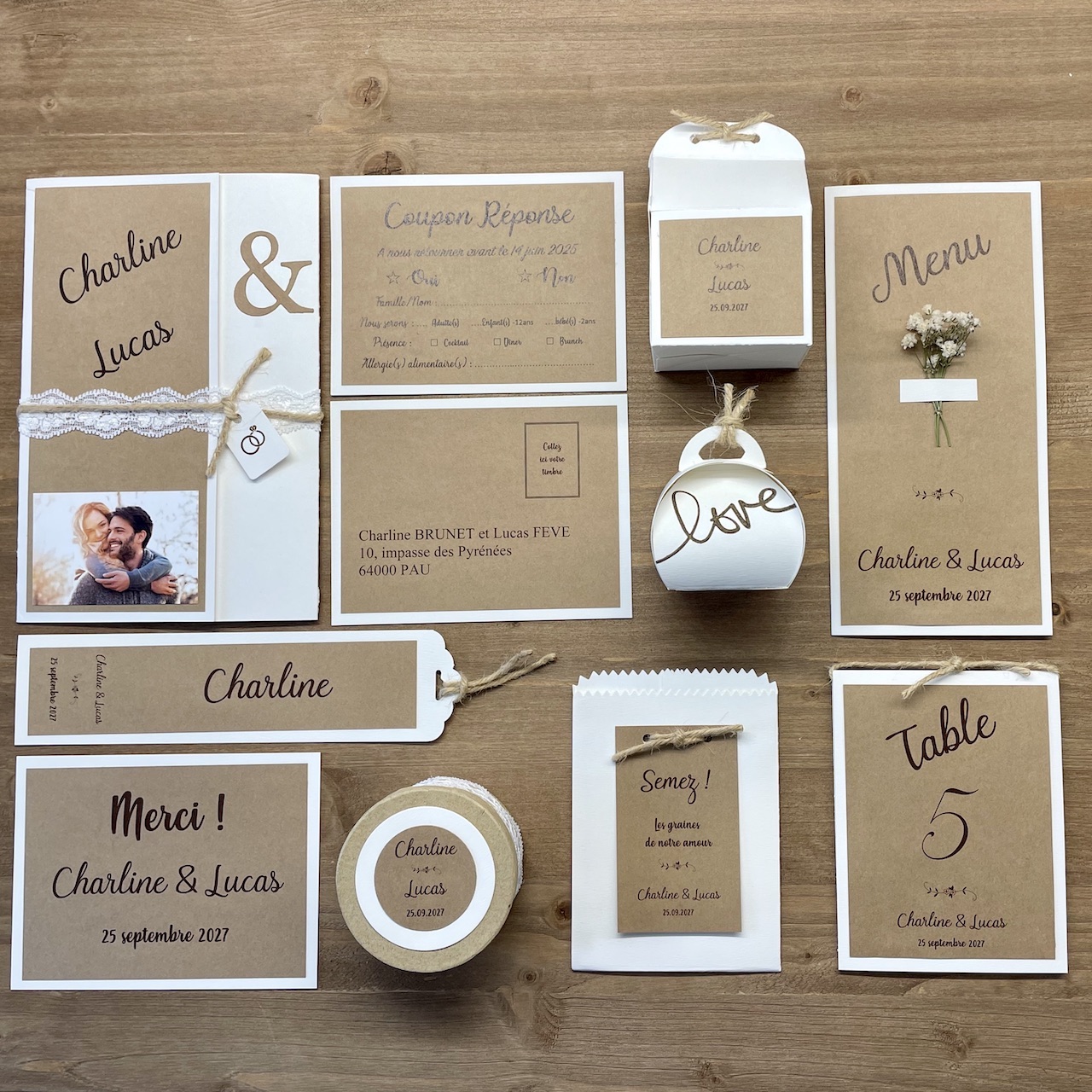 faire-part mariage bohème kraft et dentelle