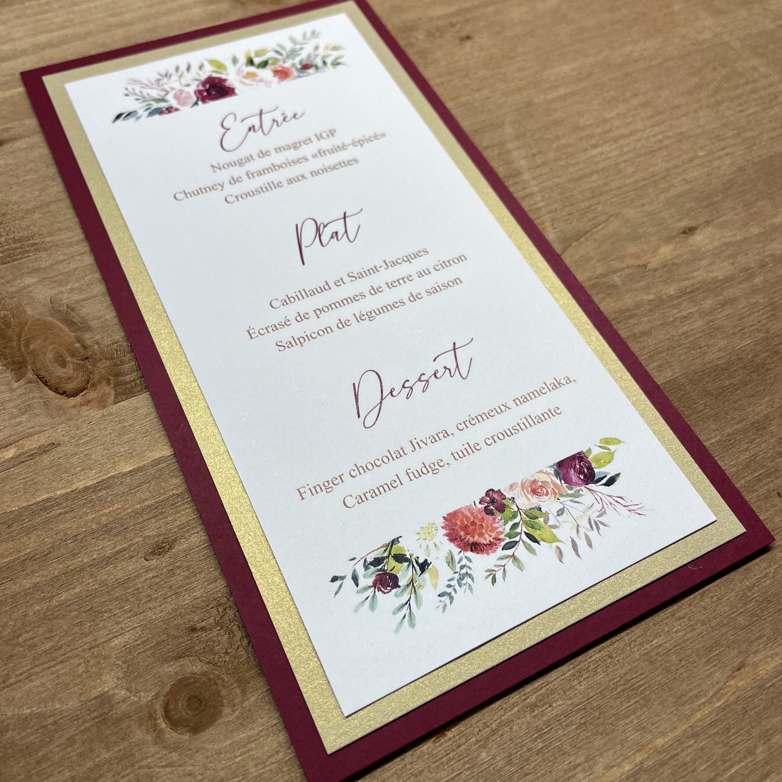 carte-de-menu-mariage-bordeaux-et-or chic menu mariage marsala et or