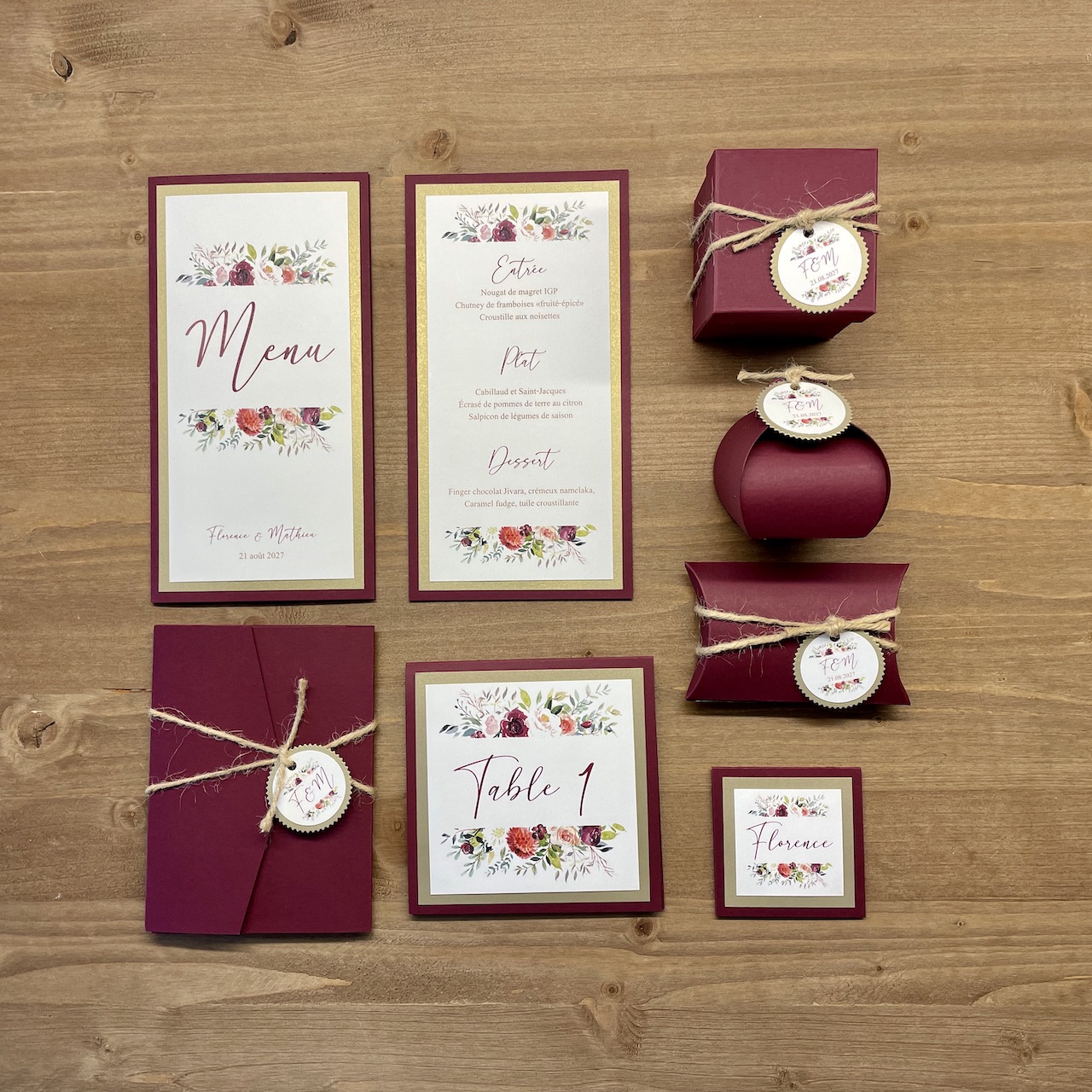 Faire-part mariage marsala et or