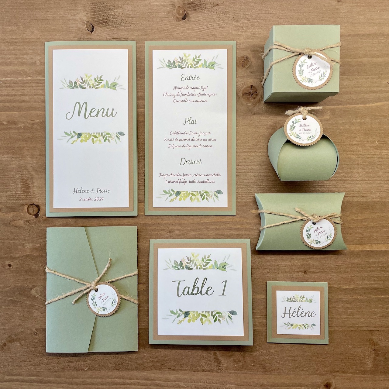 faire-part mariage vert sauge kraft