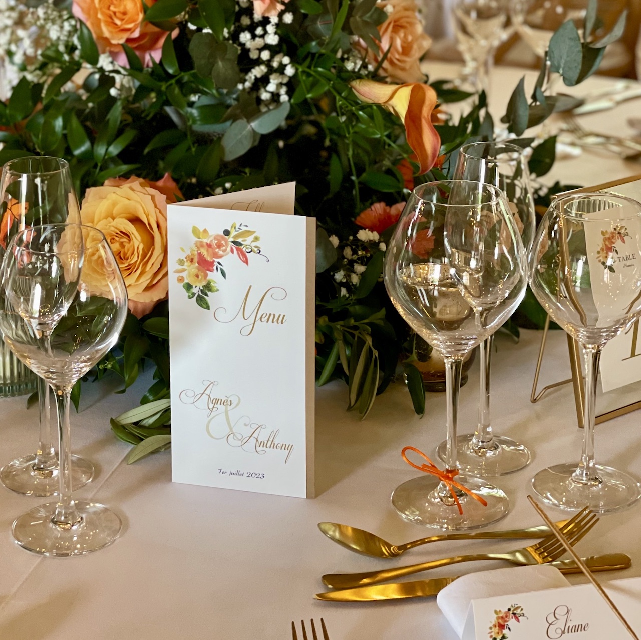 carte de menu mariage avec liseré de couleur