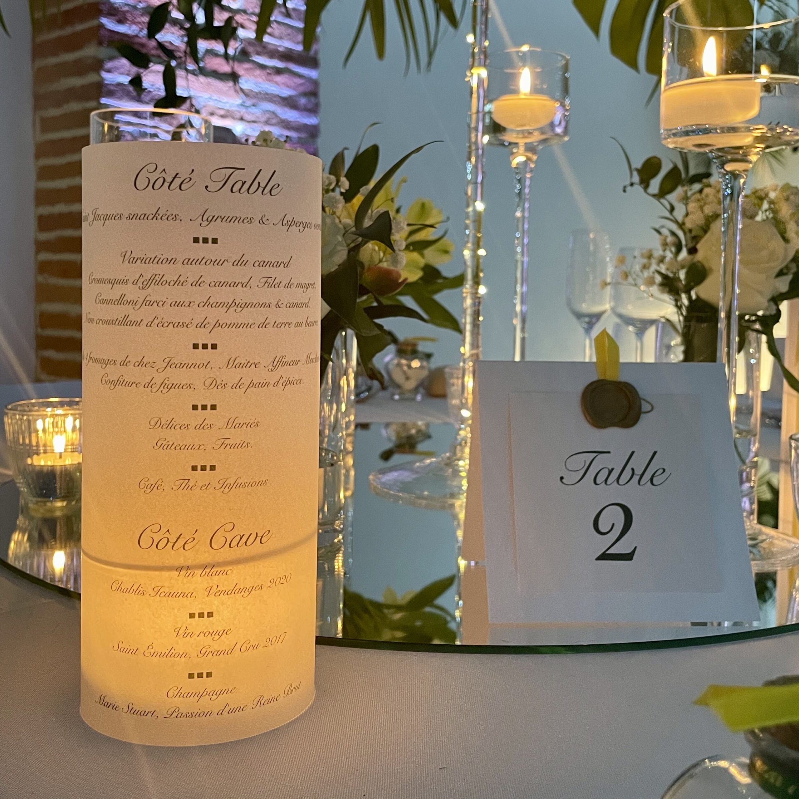 menu mariage avec éclairage led