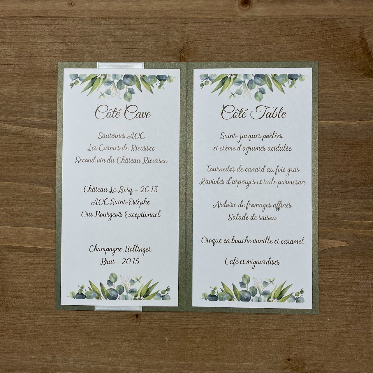 menu-mariage-eucalytus-vert-kaki carte de menu et vins mariage