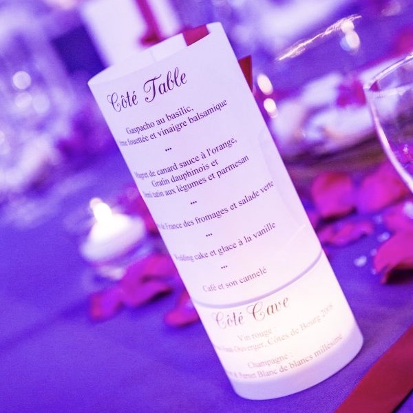 menu lumineux mariage chic